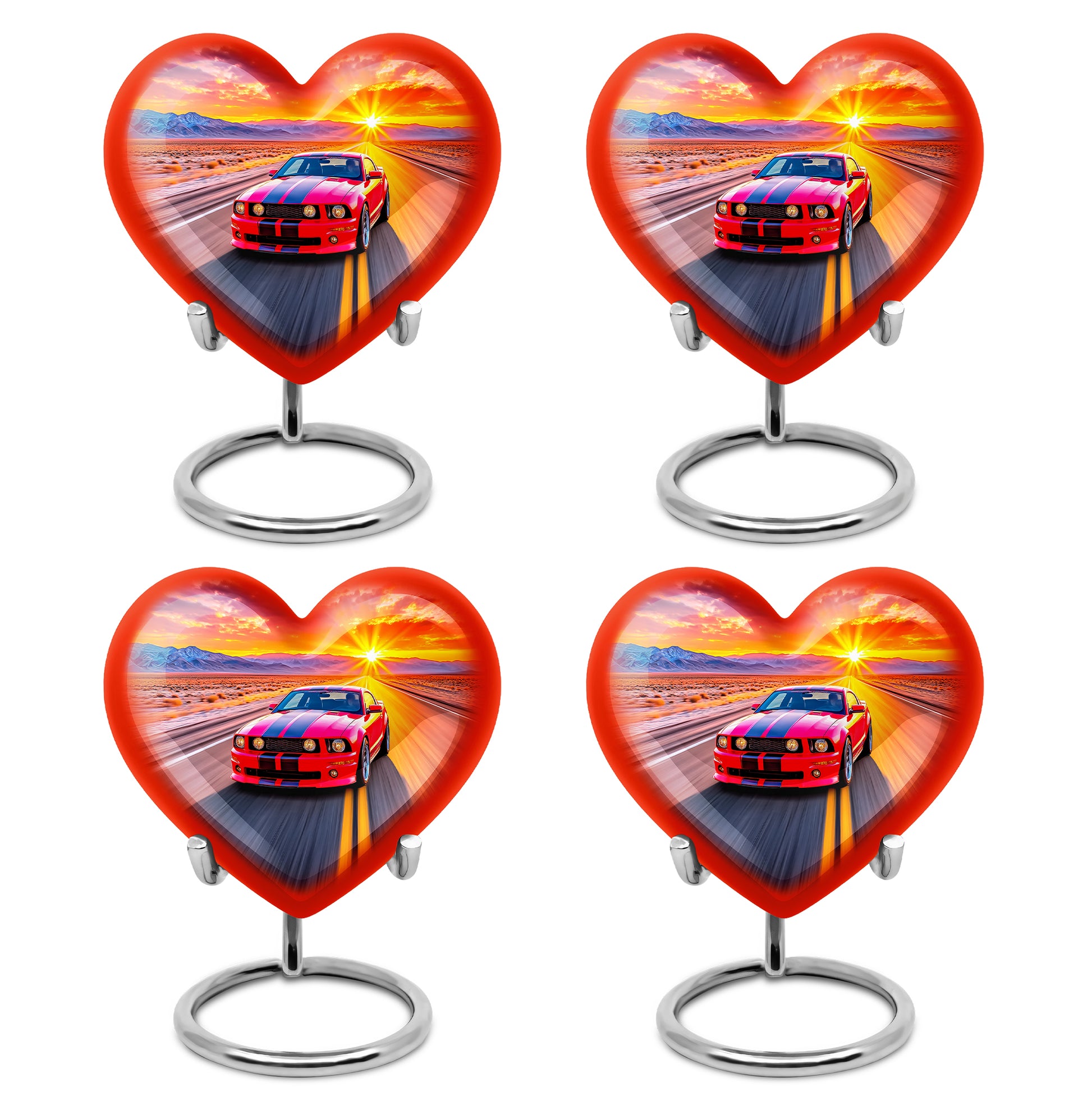 Peony Pink Car Cremation Urn angled view of lid and engraved motif - heart-shaped car design symbolizing eternal love - 10 inch aluminum urn for cremated remains