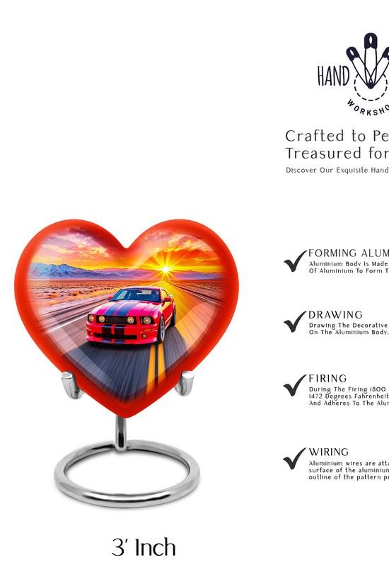 Rose Pink Car Cremation Urn front view showing detailed design - heart-shaped car design symbolizing eternal love - mini keepsake memorial for portion of cremation ashes