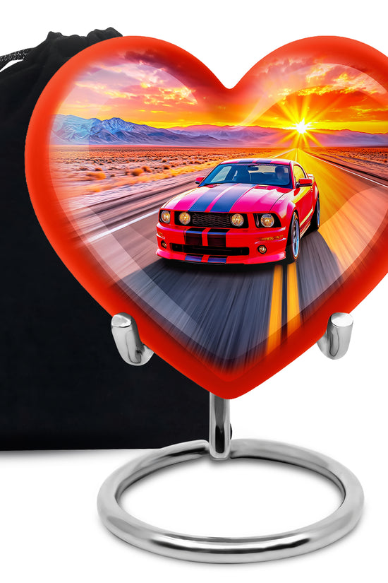 Peony Pink Car Cremation Urn detail view - heart-shaped car design symbolizing eternal love - full-size 10 inch 200 cubic inch adult cremation urn