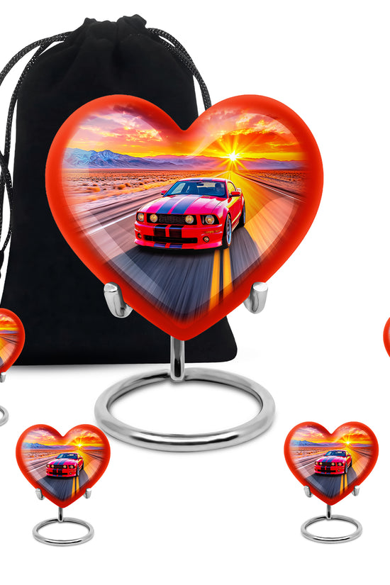 Coral Pink Car Cremation Urn close-up of engraving and surface detail - loving heart memorial featuring car pattern - memorial set with one large and four small urns