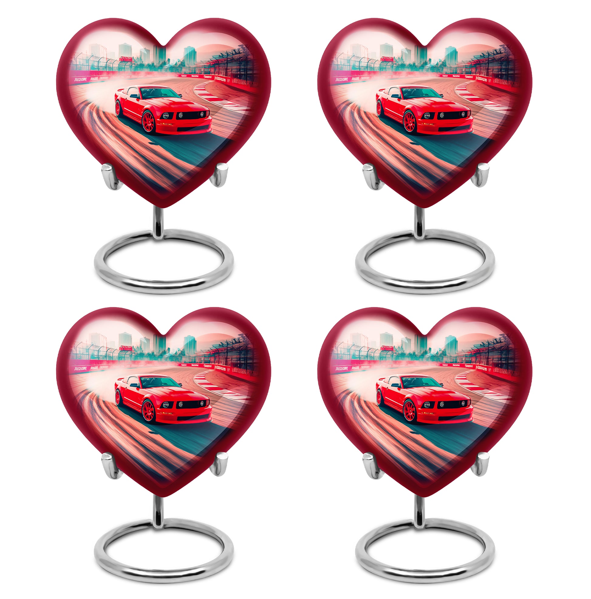 Ruby Red Car Cremation Urn angled view of lid and engraved motif - compassionate heart-car combination with gentle curves - 10 inch aluminum urn for cremated remains