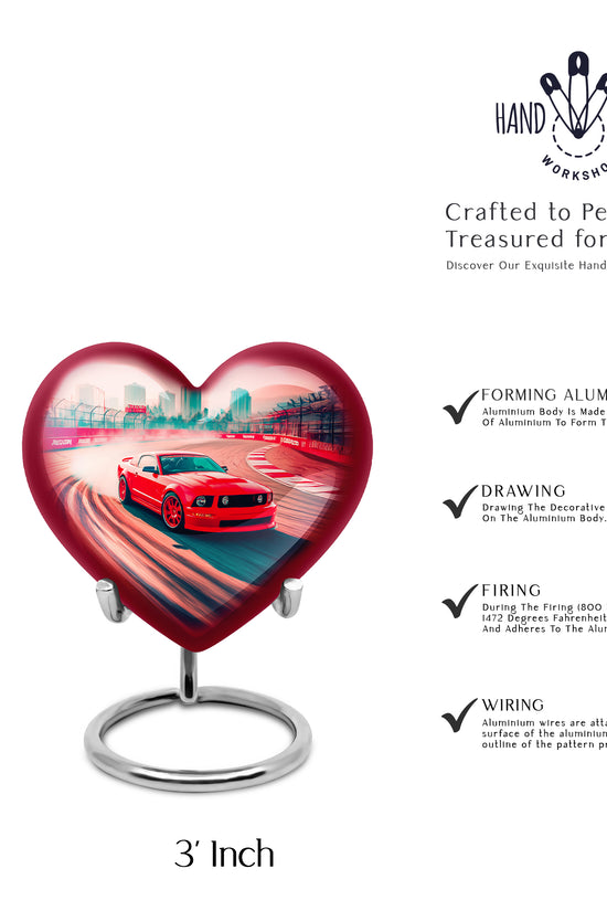 Fiery Red Car Cremation Urn front view showing detailed design - compassionate heart-car combination with gentle curves - mini keepsake memorial for portion of cremation ashes