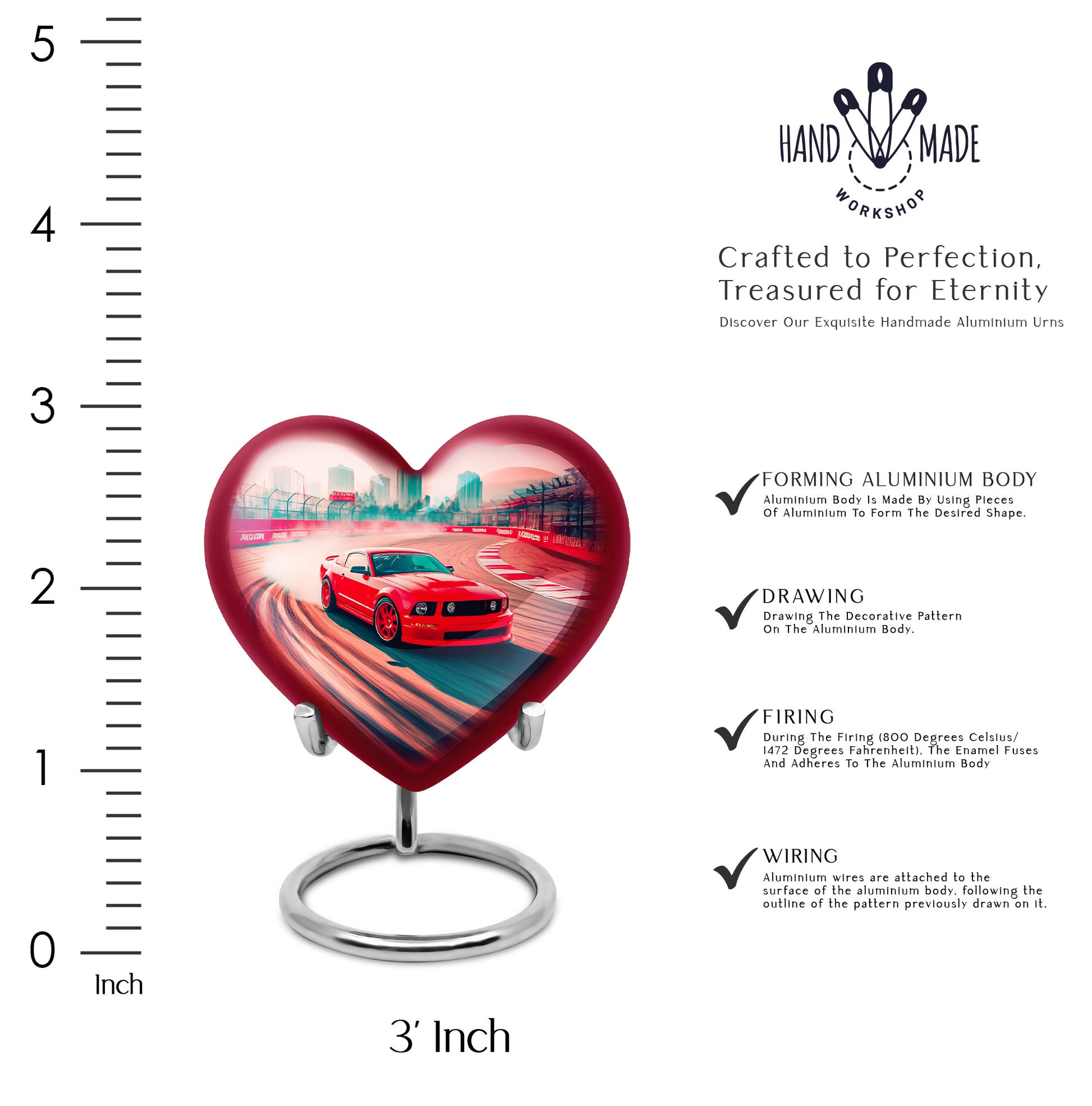 Fiery Red Car Cremation Urn front view showing detailed design - compassionate heart-car combination with gentle curves - mini keepsake memorial for portion of cremation ashes
