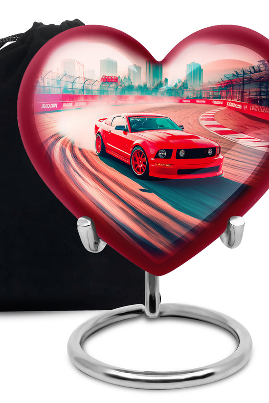 Fiery Red Car Cremation Urn detail view - romantic heart urn with car motif on aluminum - full-size 10 inch 200 cubic inch adult cremation urn