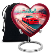 Fiery Red Car Cremation Urn detail view - romantic heart urn with car motif on aluminum - full-size 10 inch 200 cubic inch adult cremation urn
