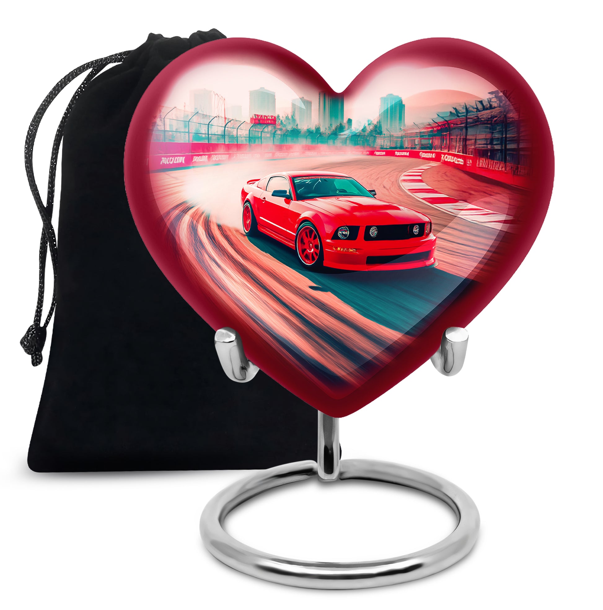 Fiery Red Car Cremation Urn detail view - romantic heart urn with car motif on aluminum - full-size 10 inch 200 cubic inch adult cremation urn