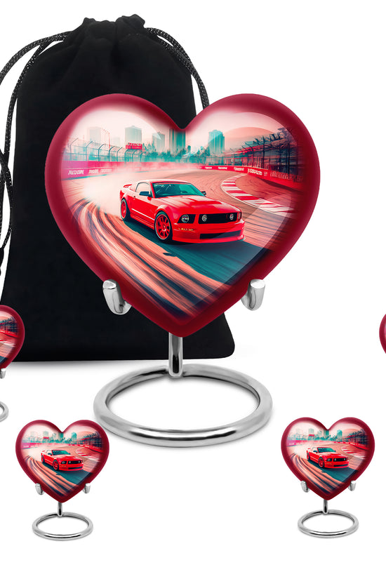 Deep Red Car Cremation Urn close-up of engraving and surface detail - heart-shaped car design symbolizing eternal love - memorial set with one large and four small urns
