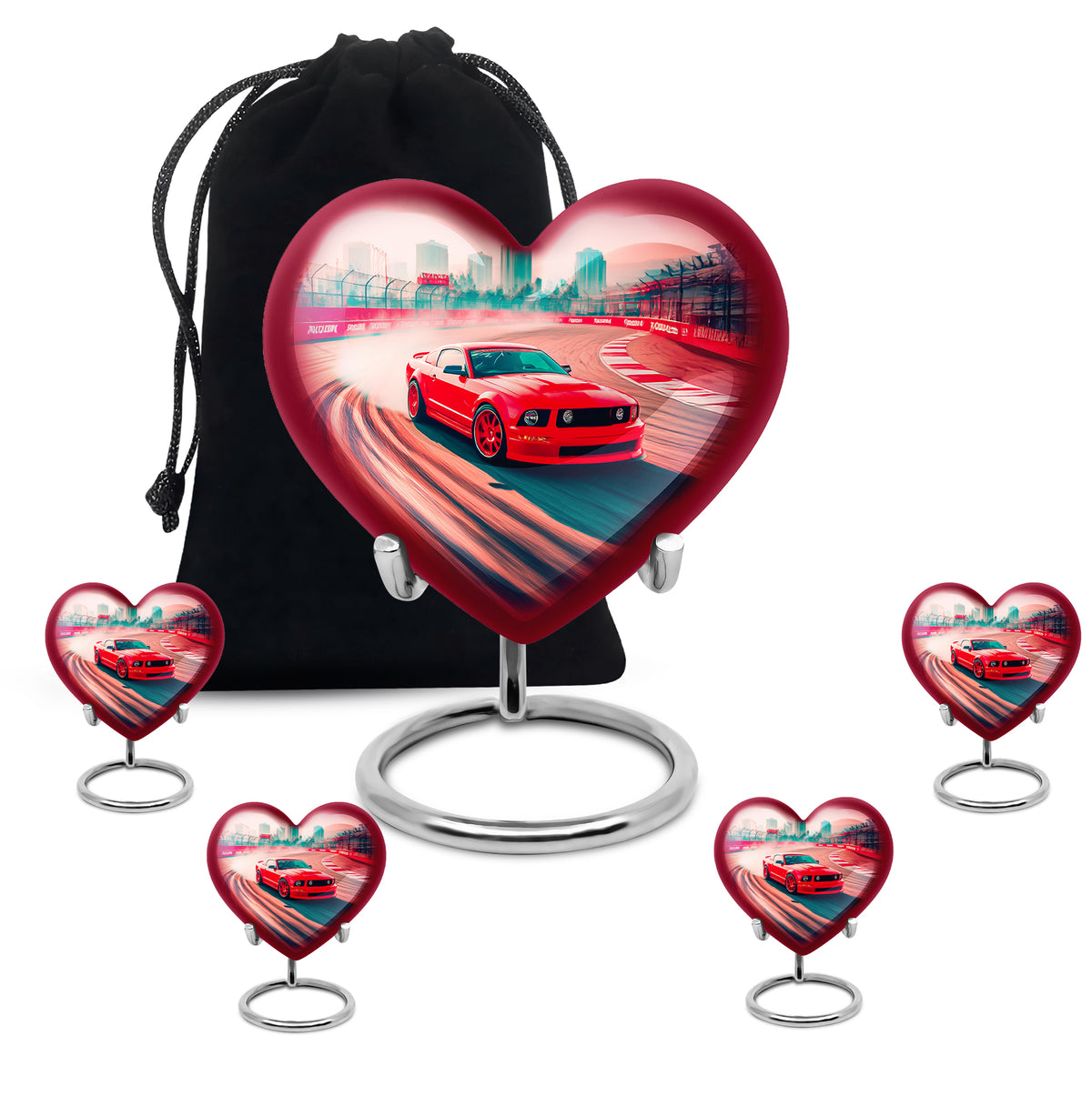Deep Red Car Cremation Urn close-up of engraving and surface detail - heart-shaped car design symbolizing eternal love - memorial set with one large and four small urns