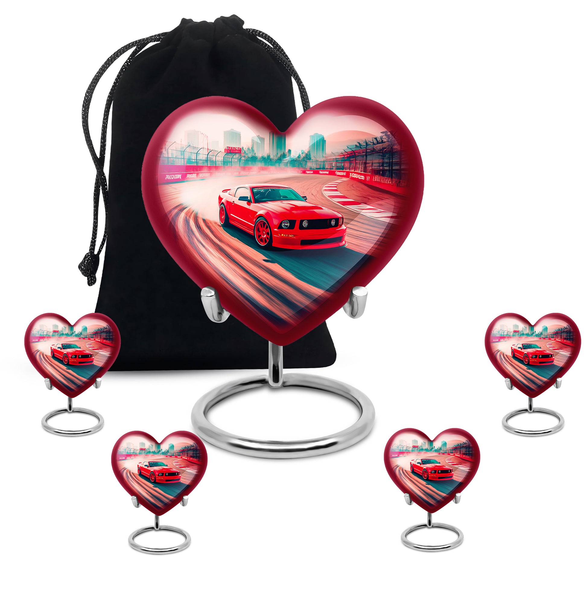 Deep Red Car Cremation Urn close-up of engraving and surface detail - heart-shaped car design symbolizing eternal love - memorial set with one large and four small urns