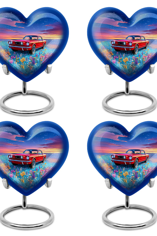Misty Blue Car Cremation Urn angled view of lid and engraved motif - heart-shaped car design symbolizing eternal love - 10 inch aluminum urn for cremated remains