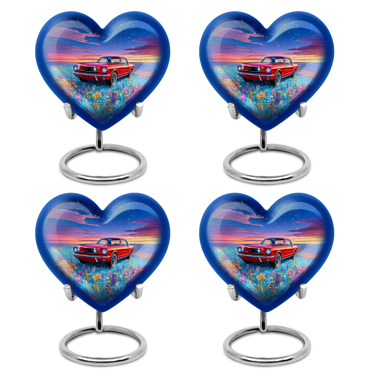 Misty Blue Car Cremation Urn angled view of lid and engraved motif - heart-shaped car design symbolizing eternal love - 10 inch aluminum urn for cremated remains