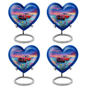 Misty Blue Car Cremation Urn angled view of lid and engraved motif - heart-shaped car design symbolizing eternal love - 10 inch aluminum urn for cremated remains