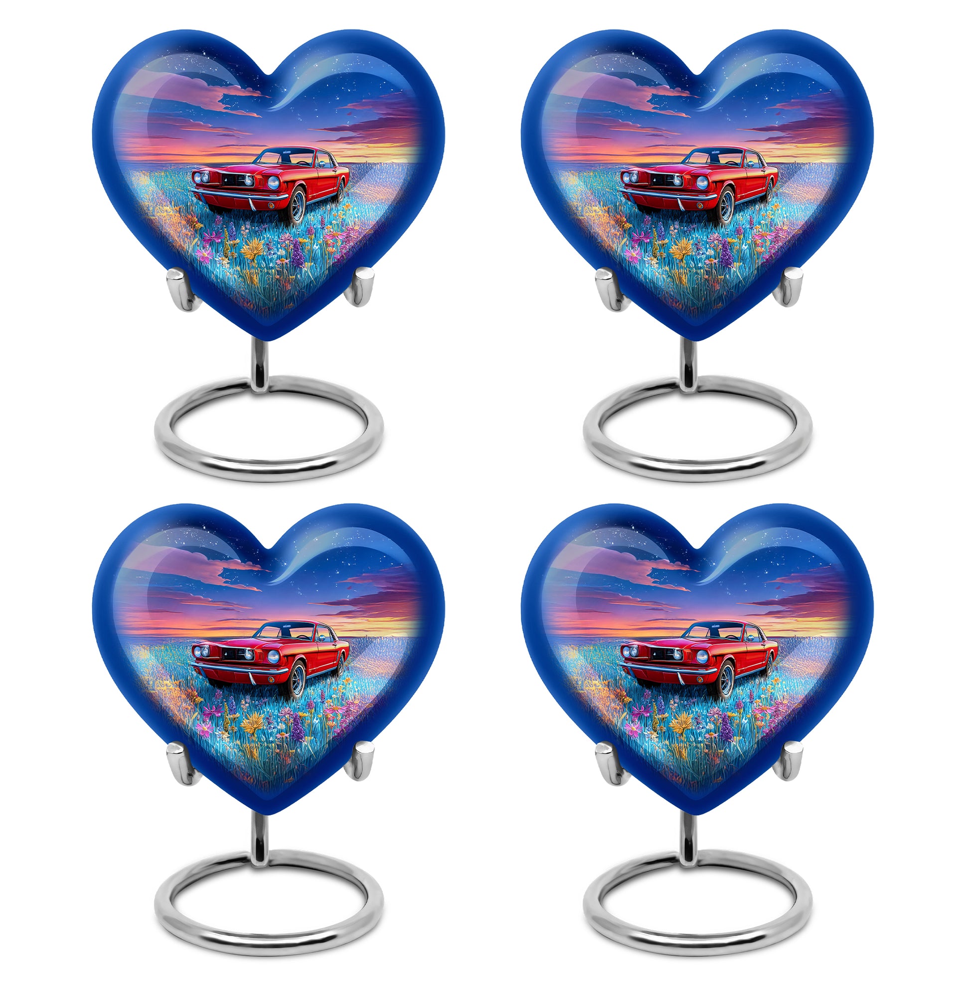 Misty Blue Car Cremation Urn angled view of lid and engraved motif - heart-shaped car design symbolizing eternal love - 10 inch aluminum urn for cremated remains