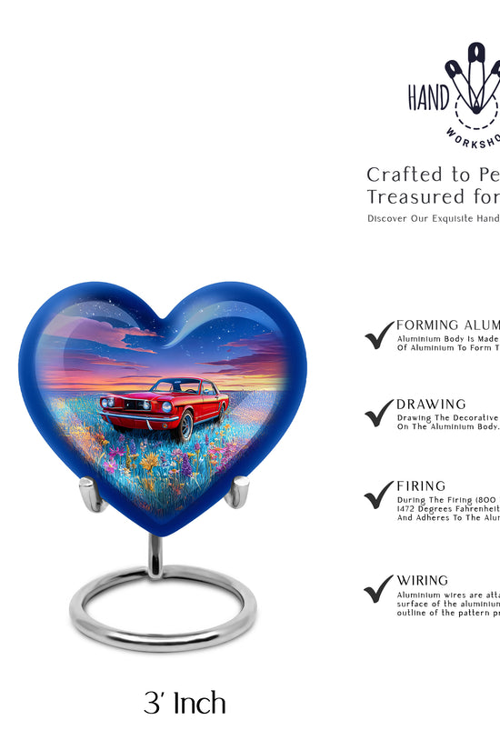 Celestial Blue Car Cremation Urn front view showing detailed design - heart-shaped car design symbolizing eternal love - mini keepsake memorial for portion of cremation ashes