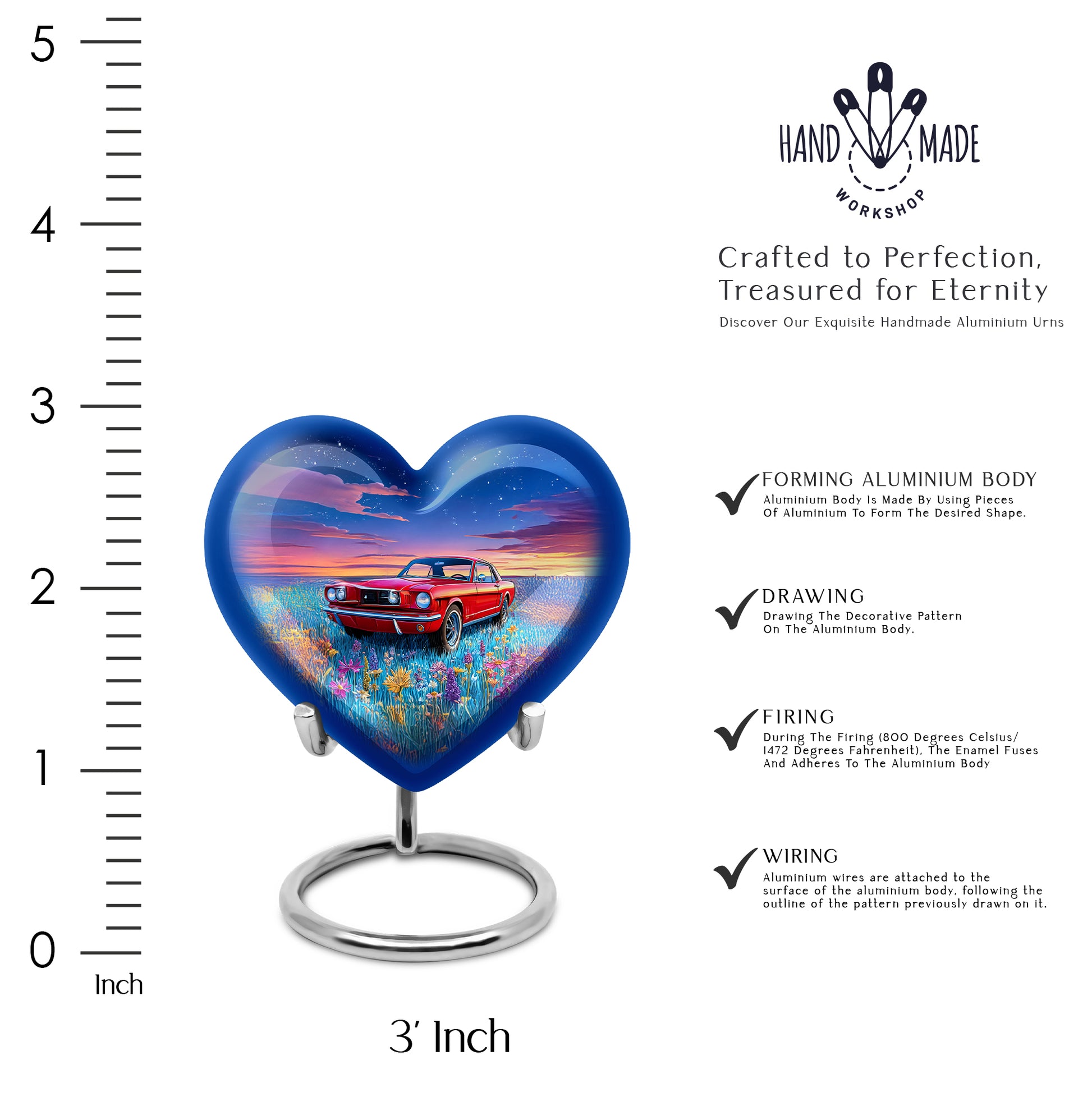 Celestial Blue Car Cremation Urn front view showing detailed design - heart-shaped car design symbolizing eternal love - mini keepsake memorial for portion of cremation ashes