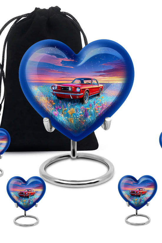 Sapphire Blue Car Cremation Urn close-up of engraving and surface detail - romantic heart urn with car motif on aluminum - memorial set with one large and four small urns