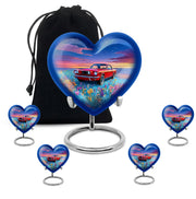 Sapphire Blue Car Cremation Urn close-up of engraving and surface detail - romantic heart urn with car motif on aluminum - memorial set with one large and four small urns