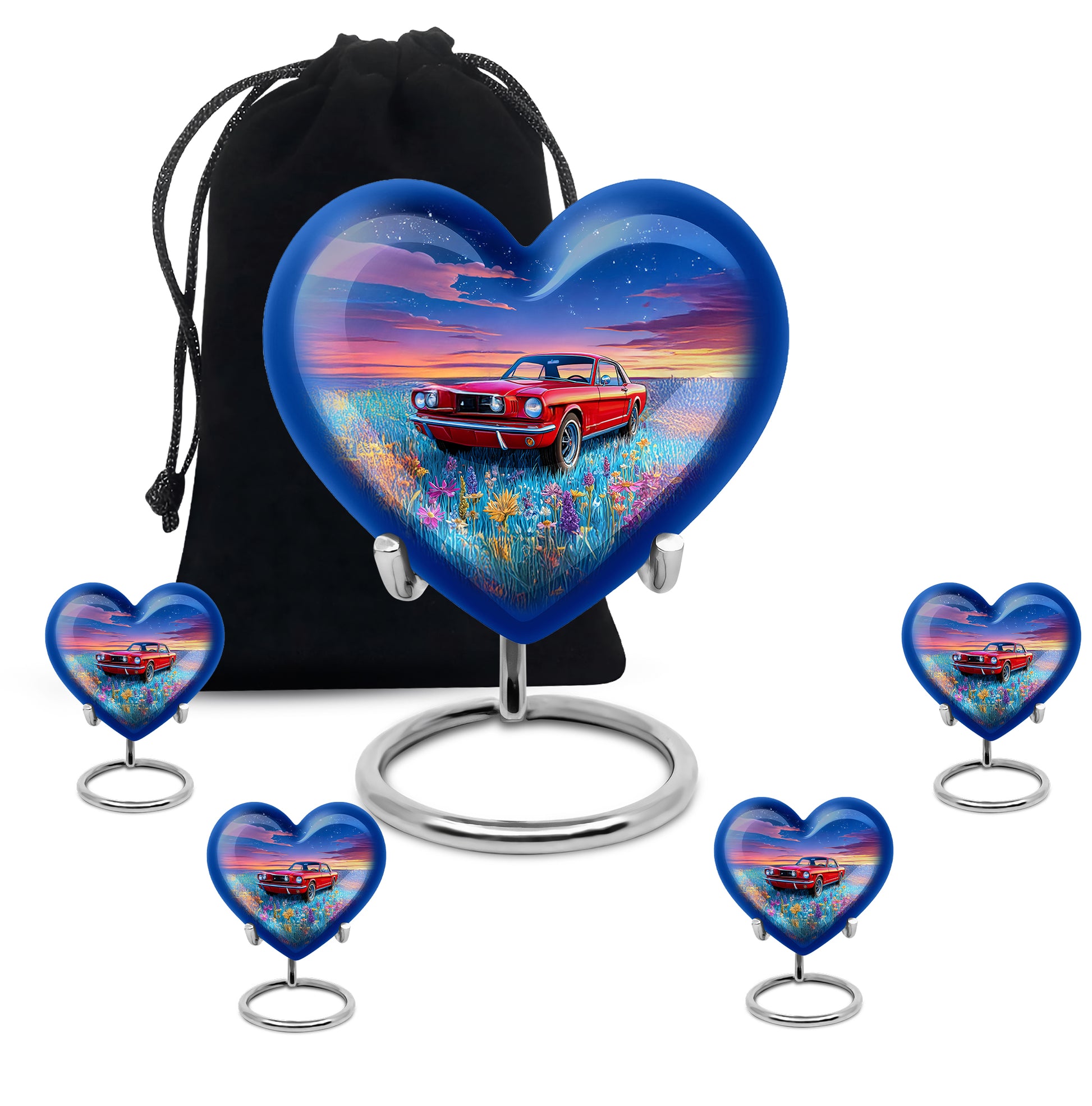 Sapphire Blue Car Cremation Urn close-up of engraving and surface detail - romantic heart urn with car motif on aluminum - memorial set with one large and four small urns