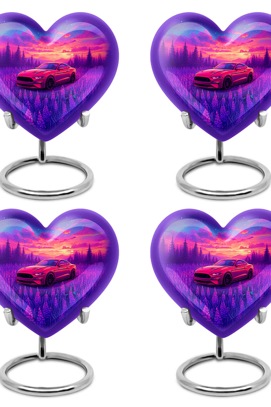 Sapphire Blue Car Cremation Urn angled view of lid and engraved motif - compassionate heart-car combination with gentle curves - 10 inch aluminum urn for cremated remains