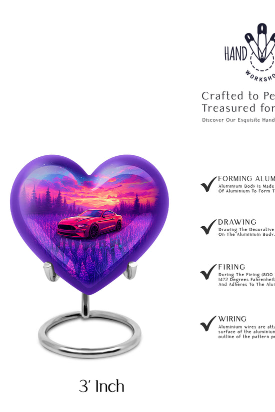 Navy Blue Car Cremation Urn front view showing detailed design - heart-shaped car design symbolizing eternal love - mini keepsake memorial for portion of cremation ashes