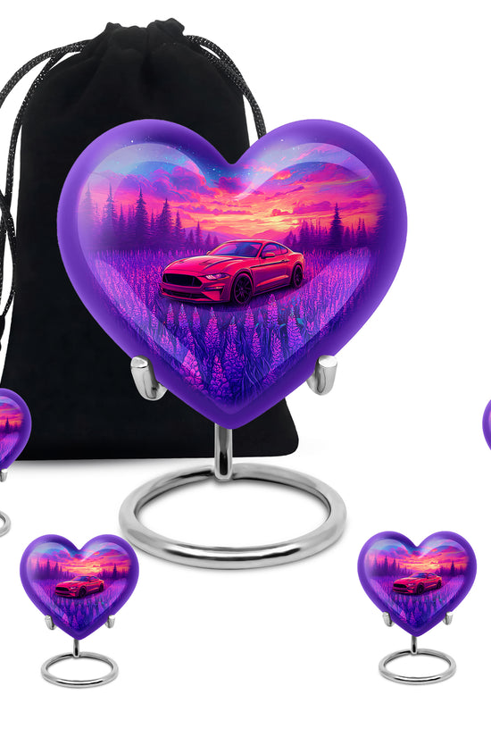 Dusty Blue Car Cremation Urn close-up of engraving and surface detail - loving heart memorial featuring car pattern - memorial set with one large and four small urns