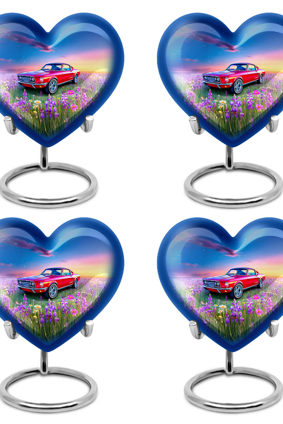 Twilight Blue Car Cremation Urn angled view of lid and engraved motif - compassionate heart-car combination with gentle curves - 10 inch aluminum urn for cremated remains