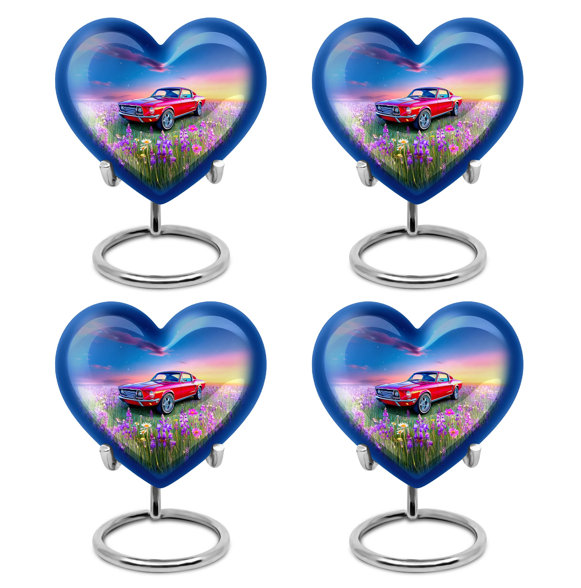 Twilight Blue Car Cremation Urn angled view of lid and engraved motif - compassionate heart-car combination with gentle curves - 10 inch aluminum urn for cremated remains