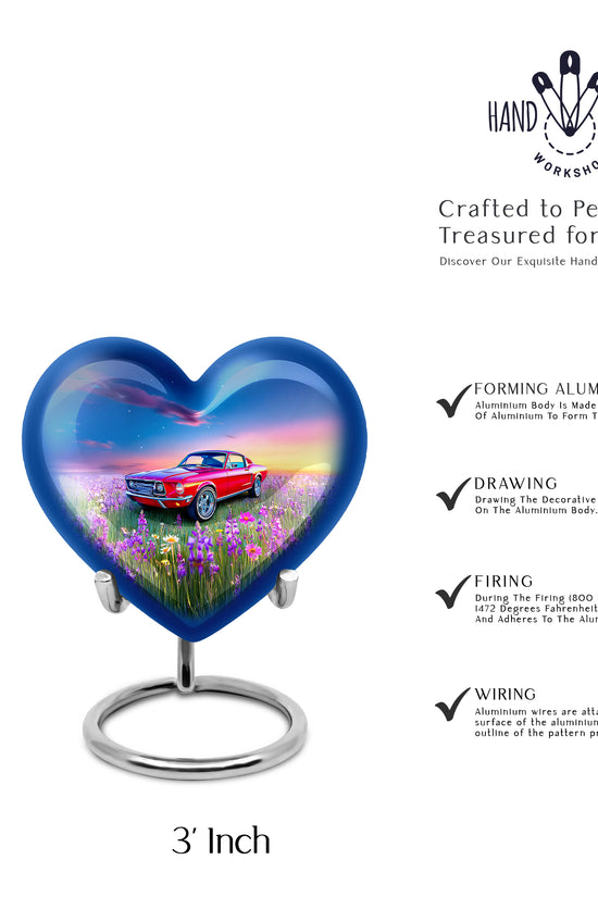 Powder Blue Car Cremation Urn front view showing detailed design - loving heart memorial featuring car pattern - mini keepsake memorial for portion of cremation ashes