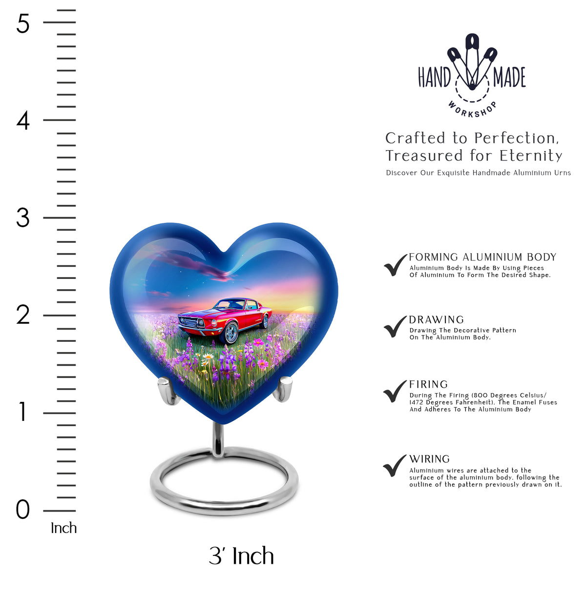 Powder Blue Car Cremation Urn front view showing detailed design - loving heart memorial featuring car pattern - mini keepsake memorial for portion of cremation ashes