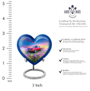 Powder Blue Car Cremation Urn front view showing detailed design - loving heart memorial featuring car pattern - mini keepsake memorial for portion of cremation ashes