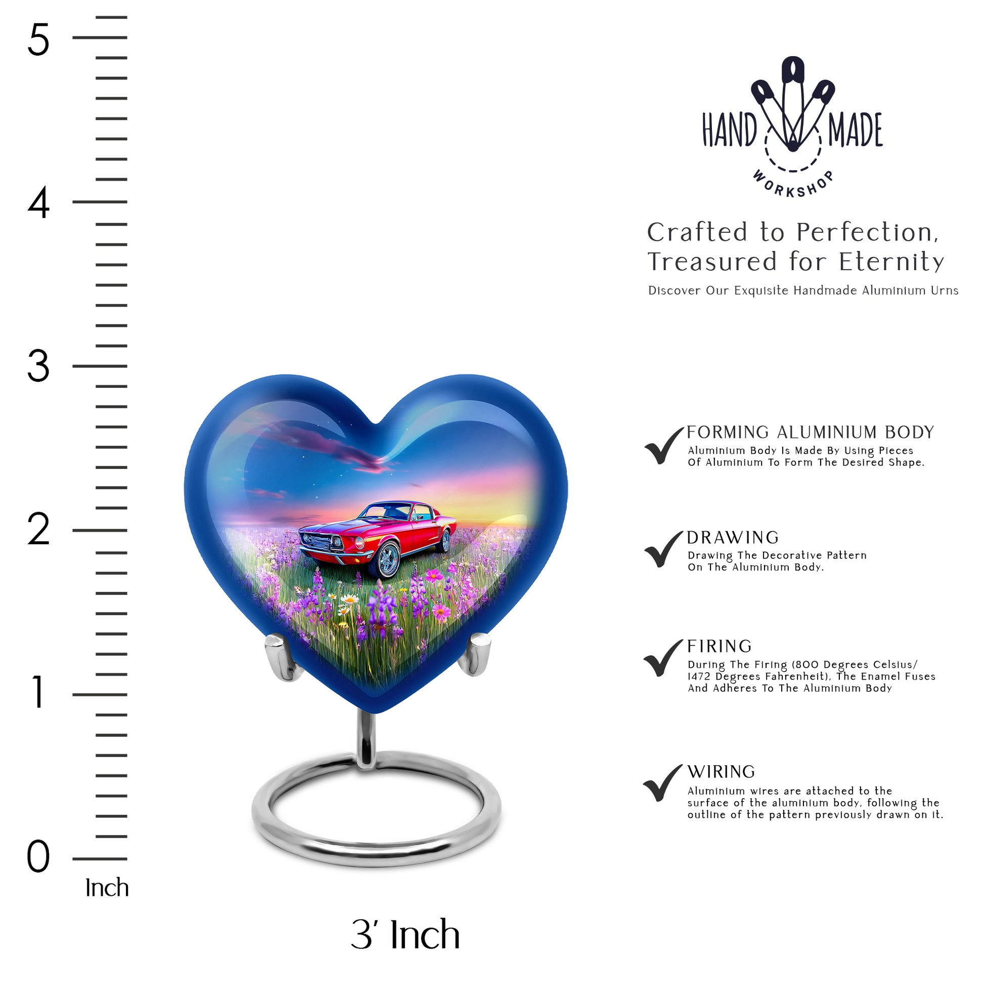 Powder Blue Car Cremation Urn front view showing detailed design - loving heart memorial featuring car pattern - mini keepsake memorial for portion of cremation ashes