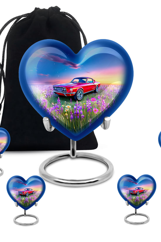 Celestial Blue Car Cremation Urn close-up of engraving and surface detail - heart-shaped car design symbolizing eternal love - memorial set with one large and four small urns