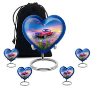 Celestial Blue Car Cremation Urn close-up of engraving and surface detail - heart-shaped car design symbolizing eternal love - memorial set with one large and four small urns