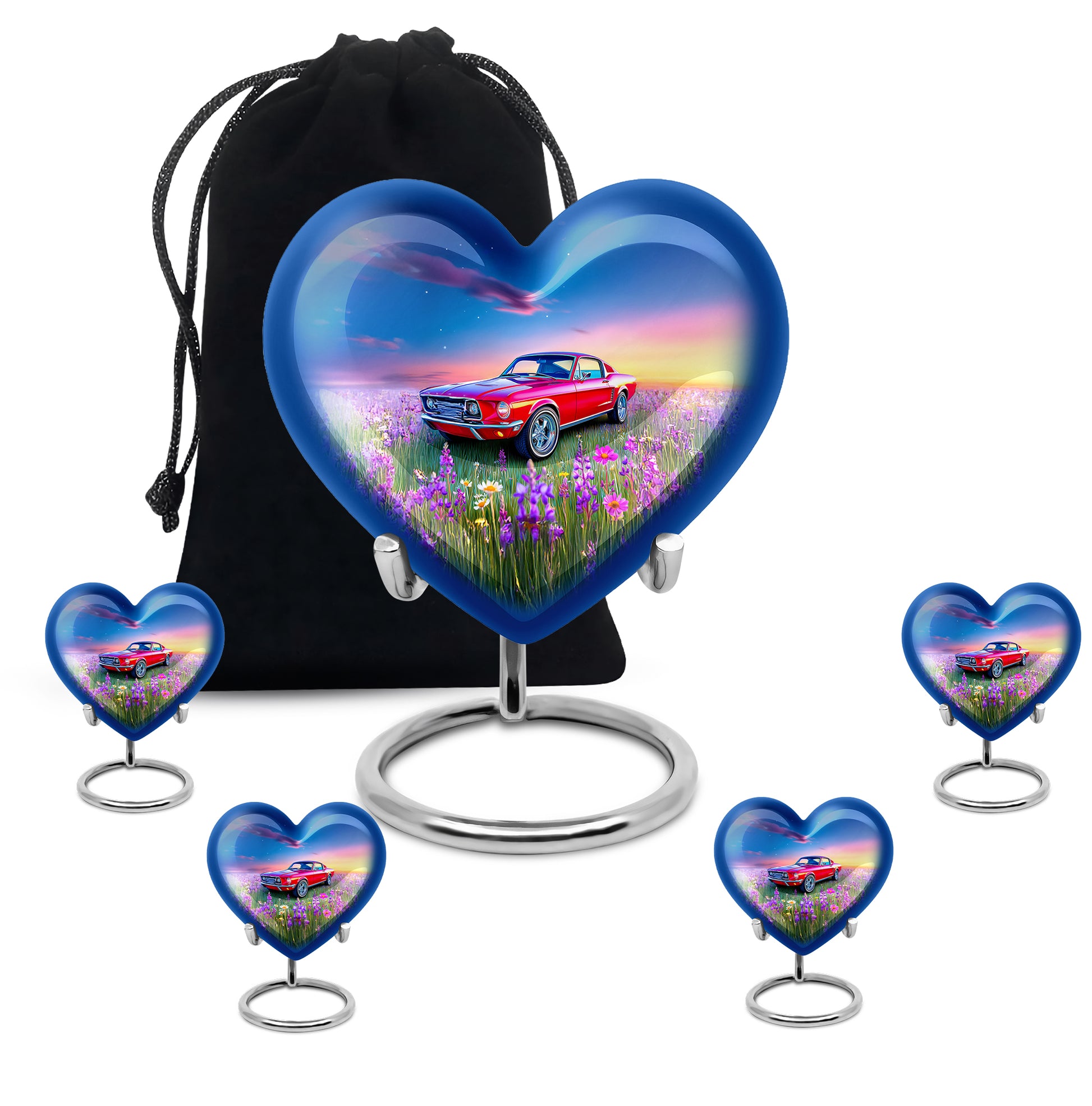Celestial Blue Car Cremation Urn close-up of engraving and surface detail - heart-shaped car design symbolizing eternal love - memorial set with one large and four small urns