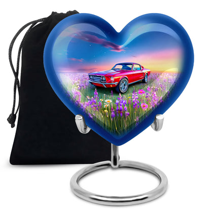 Sky Blue Car Cremation Urn detail view - heart-shaped car design symbolizing eternal love - full-size 10 inch 200 cubic inch adult cremation urn