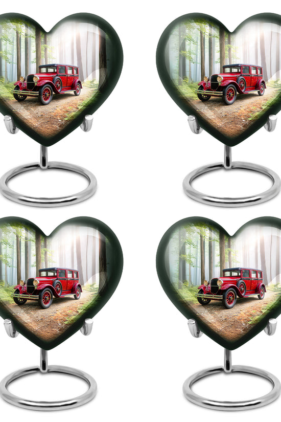 Verdant Green Car Cremation Urn angled view of lid and engraved motif - heart-shaped car design symbolizing eternal love - 10 inch aluminum urn for cremated remains