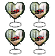 Verdant Green Car Cremation Urn angled view of lid and engraved motif - heart-shaped car design symbolizing eternal love - 10 inch aluminum urn for cremated remains