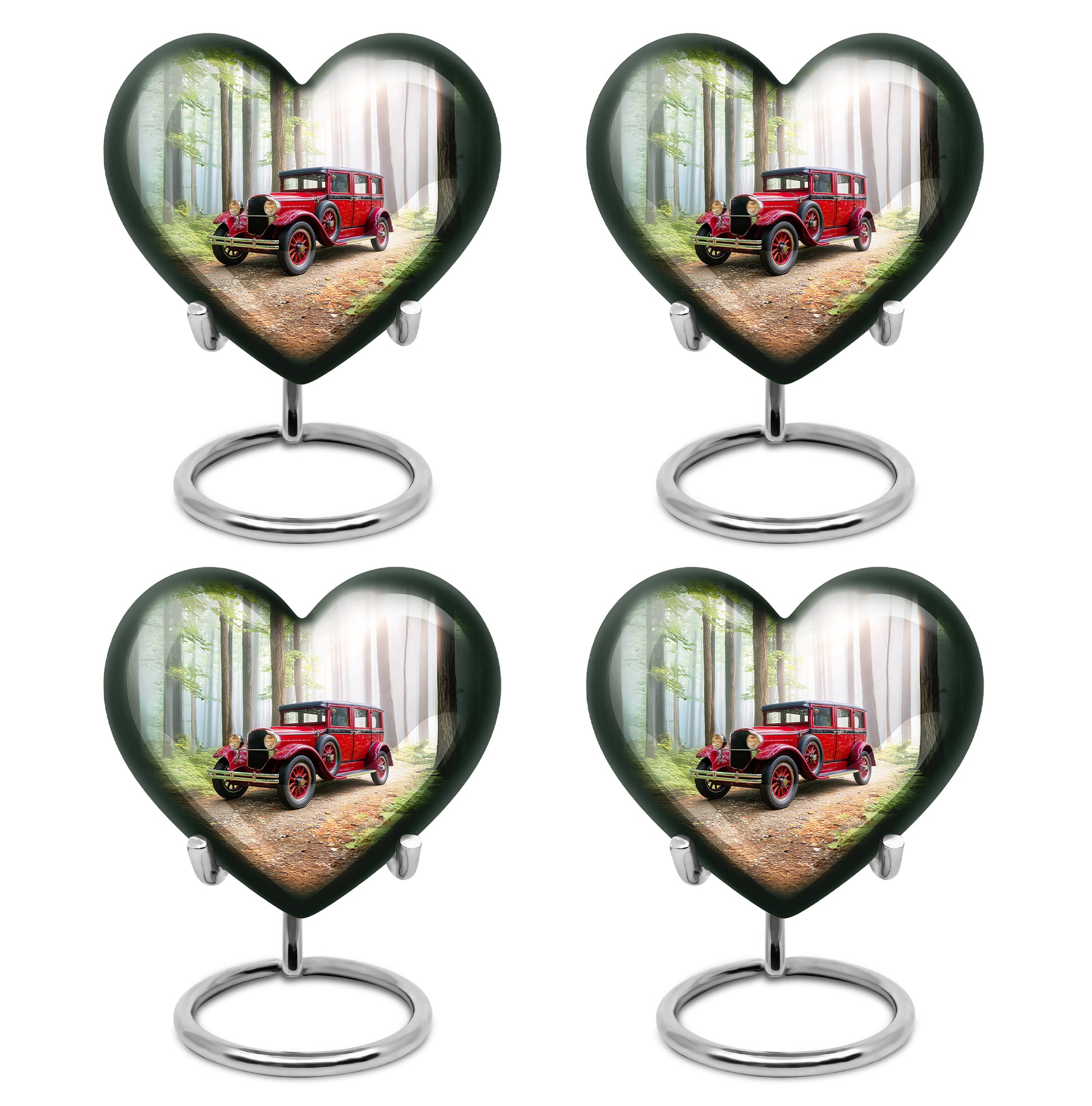 Verdant Green Car Cremation Urn angled view of lid and engraved motif - heart-shaped car design symbolizing eternal love - 10 inch aluminum urn for cremated remains