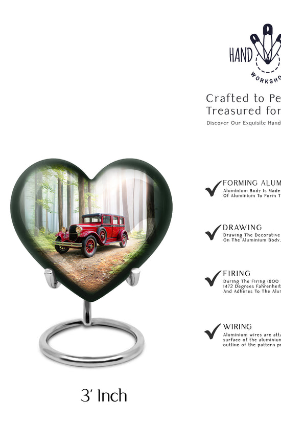 Jade Green Car Cremation Urn front view showing detailed design - heart-shaped car design symbolizing eternal love - mini keepsake memorial for portion of cremation ashes