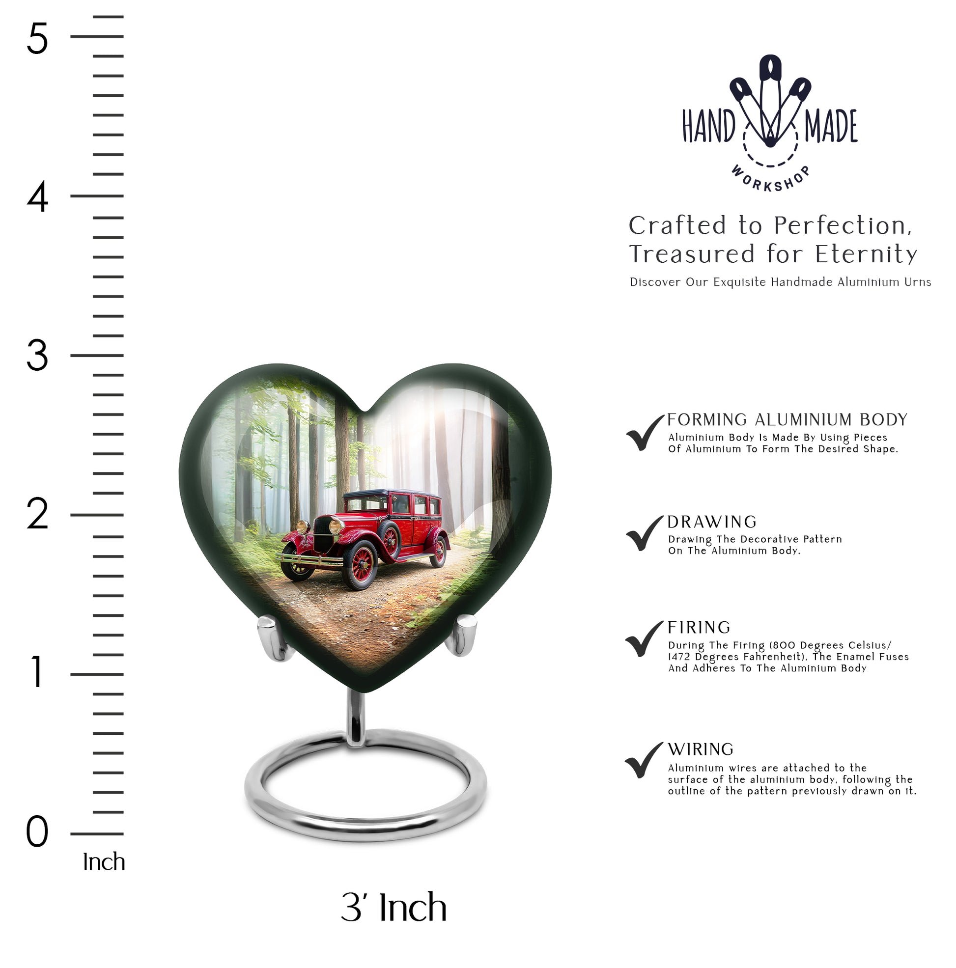 Jade Green Car Cremation Urn front view showing detailed design - heart-shaped car design symbolizing eternal love - mini keepsake memorial for portion of cremation ashes