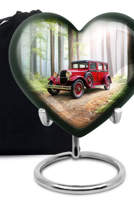 Red Antique Car Cremation Urn - Scenic Forest Memorial Urn For Loved Ones
