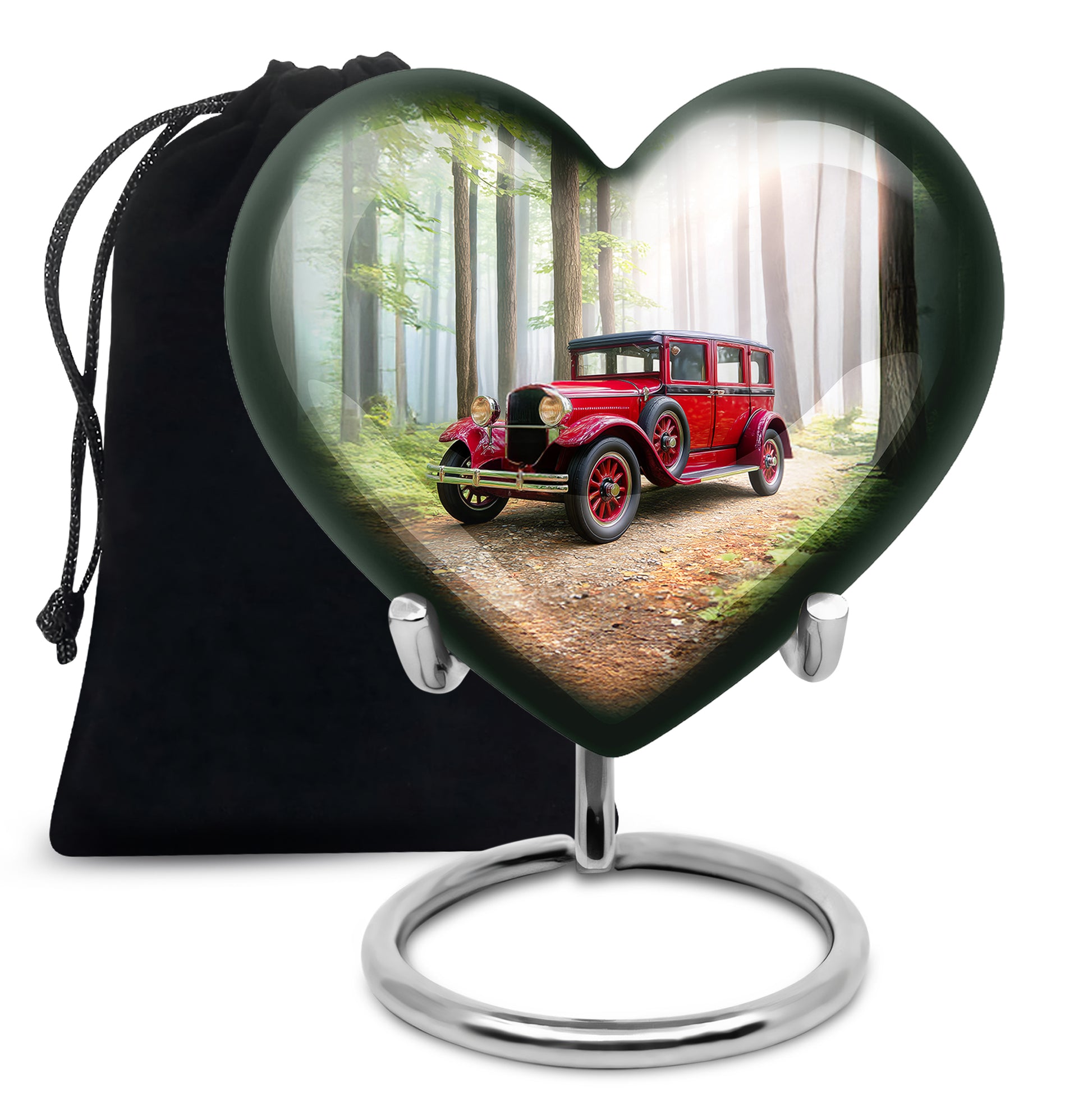 Red Antique Car Cremation Urn - Scenic Forest Memorial Urn For Loved Ones
