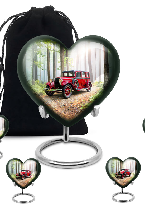 Mint Green Car Cremation Urn close-up of engraving and surface detail - compassionate heart-car combination with gentle curves - memorial set with one large and four small urns