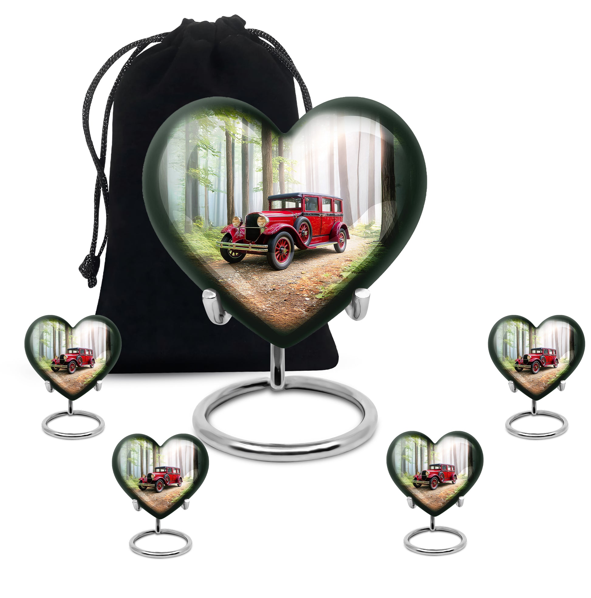 Mint Green Car Cremation Urn close-up of engraving and surface detail - compassionate heart-car combination with gentle curves - memorial set with one large and four small urns