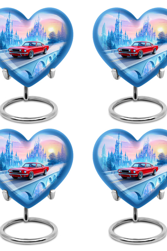 Bright Blue Car Cremation Urn angled view of lid and engraved motif - romantic heart urn with car motif on aluminum - 10 inch aluminum urn for cremated remains