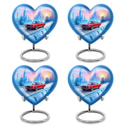 Bright Blue Car Cremation Urn angled view of lid and engraved motif - romantic heart urn with car motif on aluminum - 10 inch aluminum urn for cremated remains