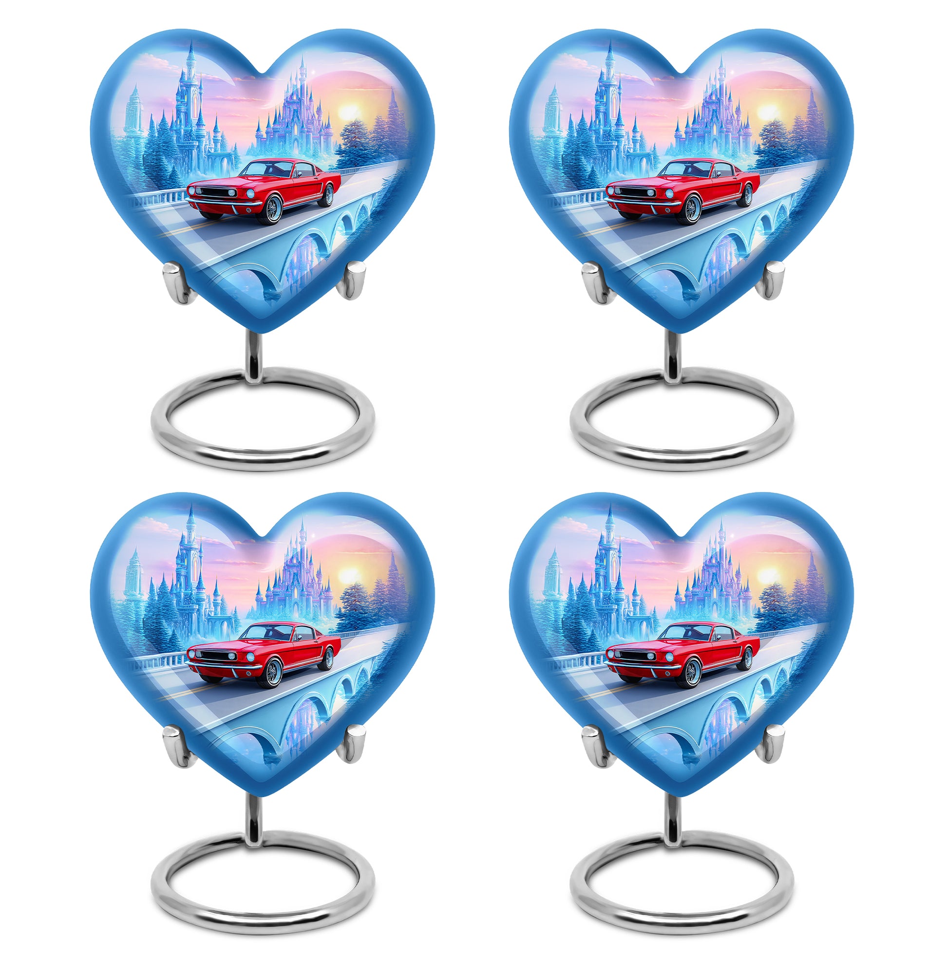 Bright Blue Car Cremation Urn angled view of lid and engraved motif - romantic heart urn with car motif on aluminum - 10 inch aluminum urn for cremated remains