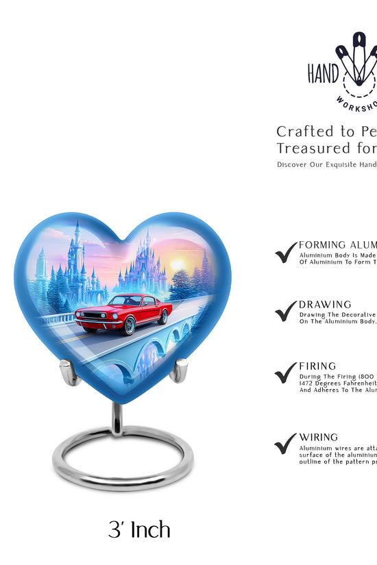 Azure Car Cremation Urn front view showing detailed design - heart-shaped car design symbolizing eternal love - mini keepsake memorial for portion of cremation ashes