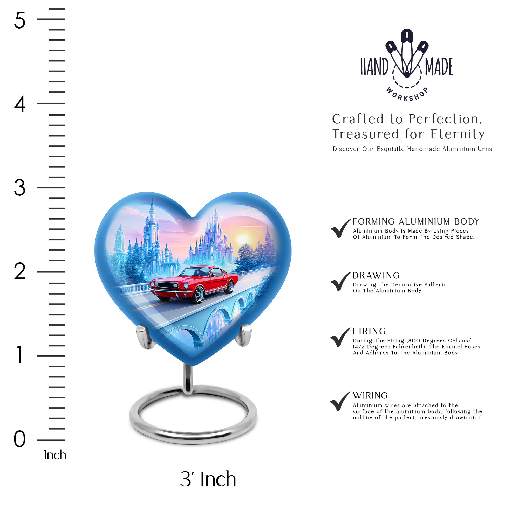 Azure Car Cremation Urn front view showing detailed design - heart-shaped car design symbolizing eternal love - mini keepsake memorial for portion of cremation ashes
