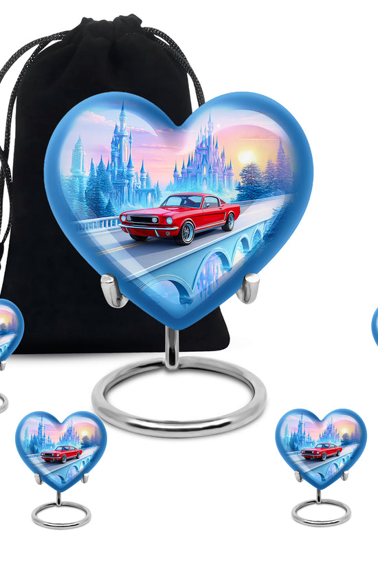 Pastel Blue Car Cremation Urn close-up of engraving and surface detail - heart-shaped car design symbolizing eternal love - memorial set with one large and four small urns